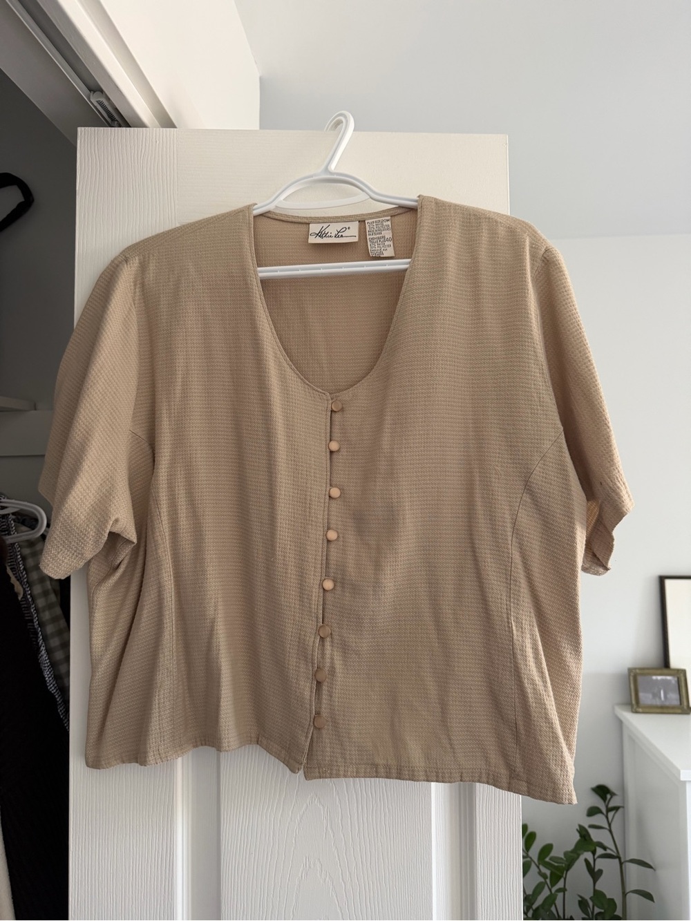 Beige Button-Front Short Sleeve Top